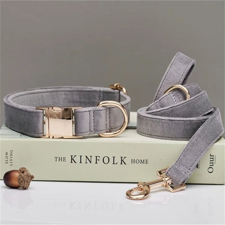 Stylish personalized velvet pet collar and leash set, perfect for daily walks and outdoor adventures with pets.