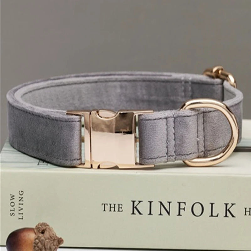 Comfortable cotton velvet pet collar and leash set, adjustable with sturdy metal buckle for secure fit.
