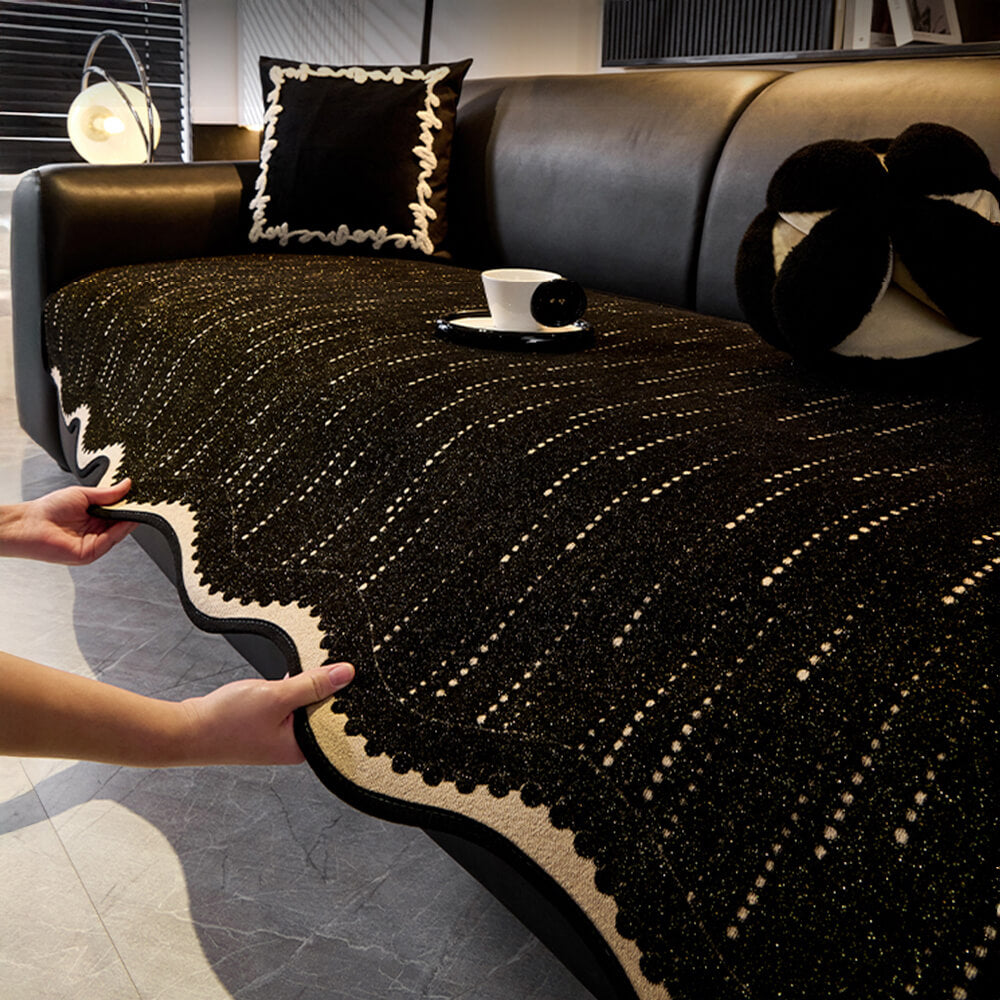 Elegant wavy chenille sofa protector cover in a living room, anti-scratch & non-slip pet-friendly design.