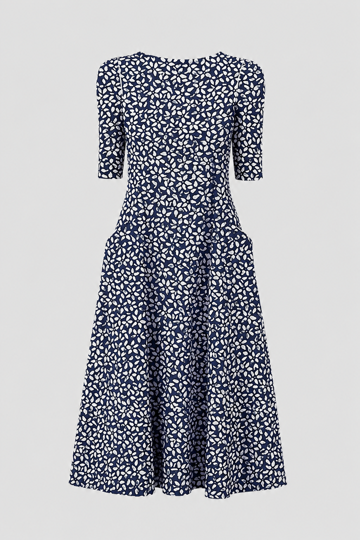 Versatile women's dark blue A-line midi dress, short sleeve. Ideal for day, evening, or summer occasions.