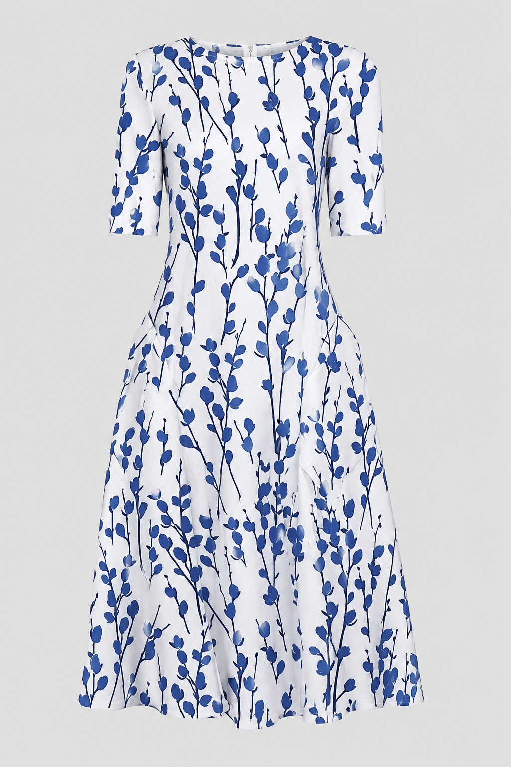 Flattering white A-line midi dress with short sleeves, comfortable and elegant for any woman's wardrobe.