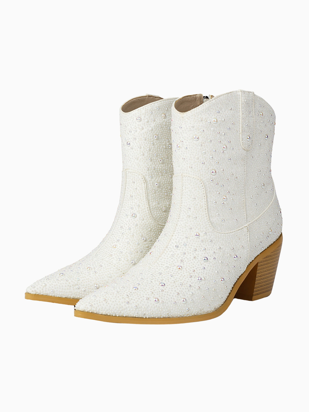 Elegant white bridal cowgirl boots for women, adorned with shimmering pearl rhinestones, perfect wedding shoes.