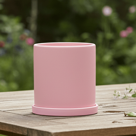 Elegant white ceramic flowerpot with saucer for indoor plants, modern home decor.