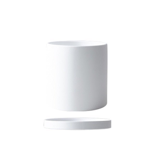 Sophisticated ceramic flowerpot with a built-in saucer, perfect for living spaces.