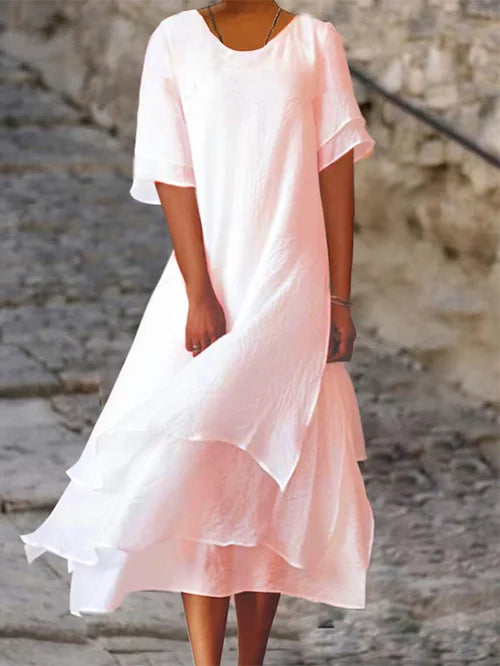 Versatile pink flowy double-layer midi dress. Comfortable and stylish casual summer dress for women, all sizes.