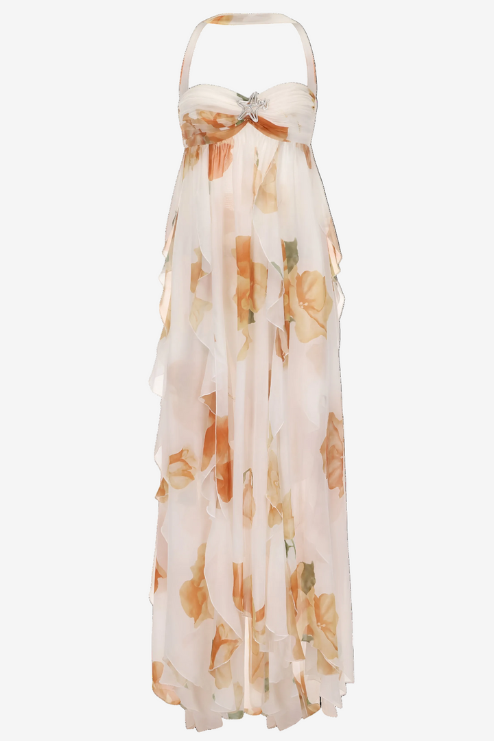 Women's white halter neck maxi dress with an open back, ideal for elegant summer parties or special occasions.