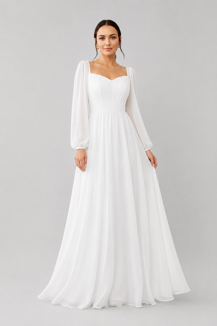 Elegant white long sleeve maxi dress for women, featuring a sweetheart neckline. Perfect for formal events & parties.