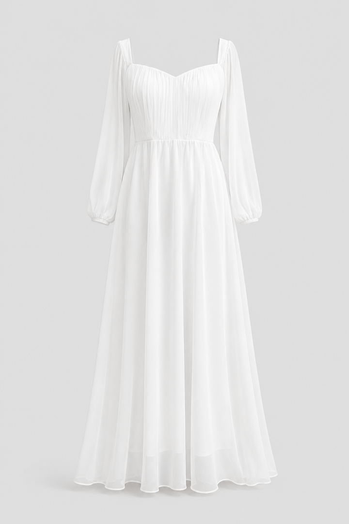 Women's white maxi dress with a sophisticated sweetheart neckline & long sleeves. Ideal for evening gowns.