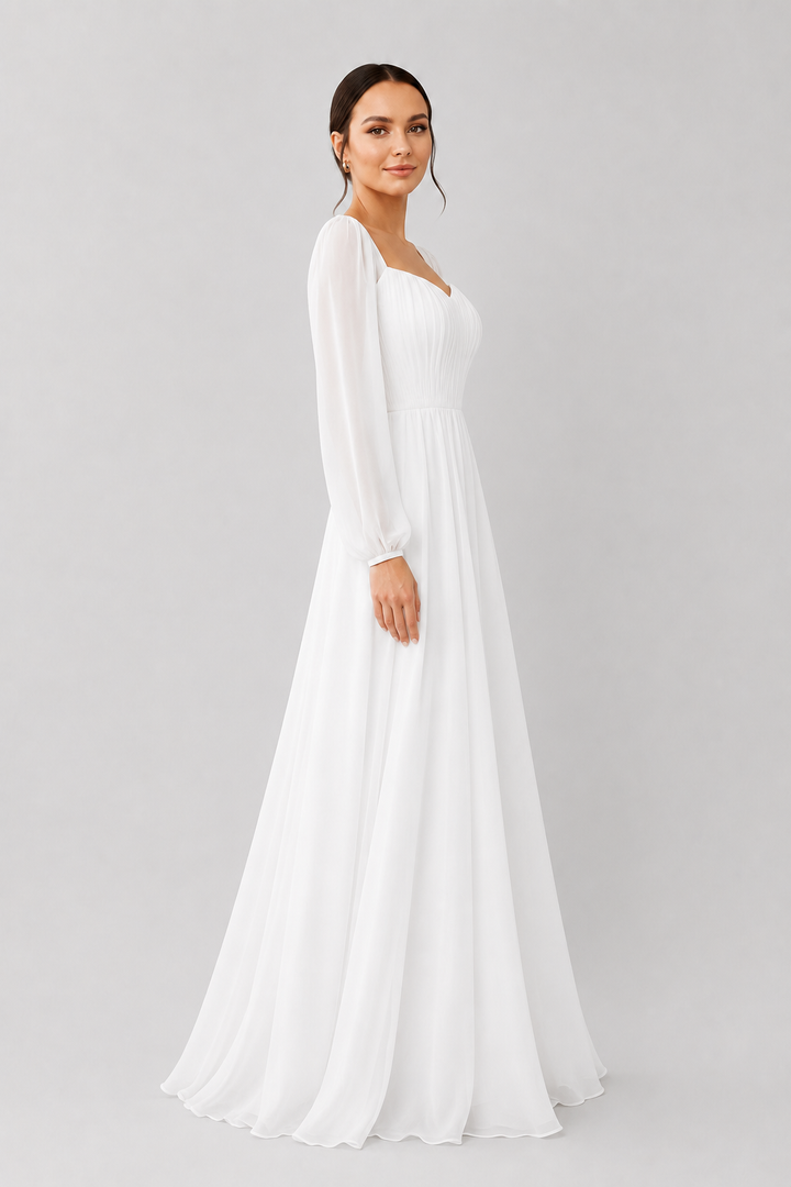 Formal white elegant long sleeve maxi dress for women, with a flattering sweetheart neckline. Special occasion wear.