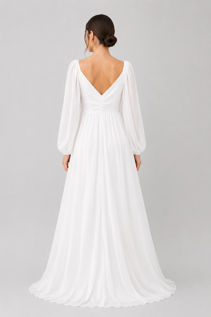 Graceful white long sleeve maxi dress for women, featuring a chic sweetheart neckline. Perfect for party wear.