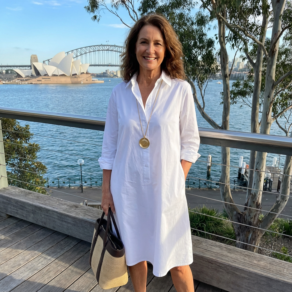 Sophisticated women's white midi shirt dress with a versatile A-line silhouette and classic button-down style.