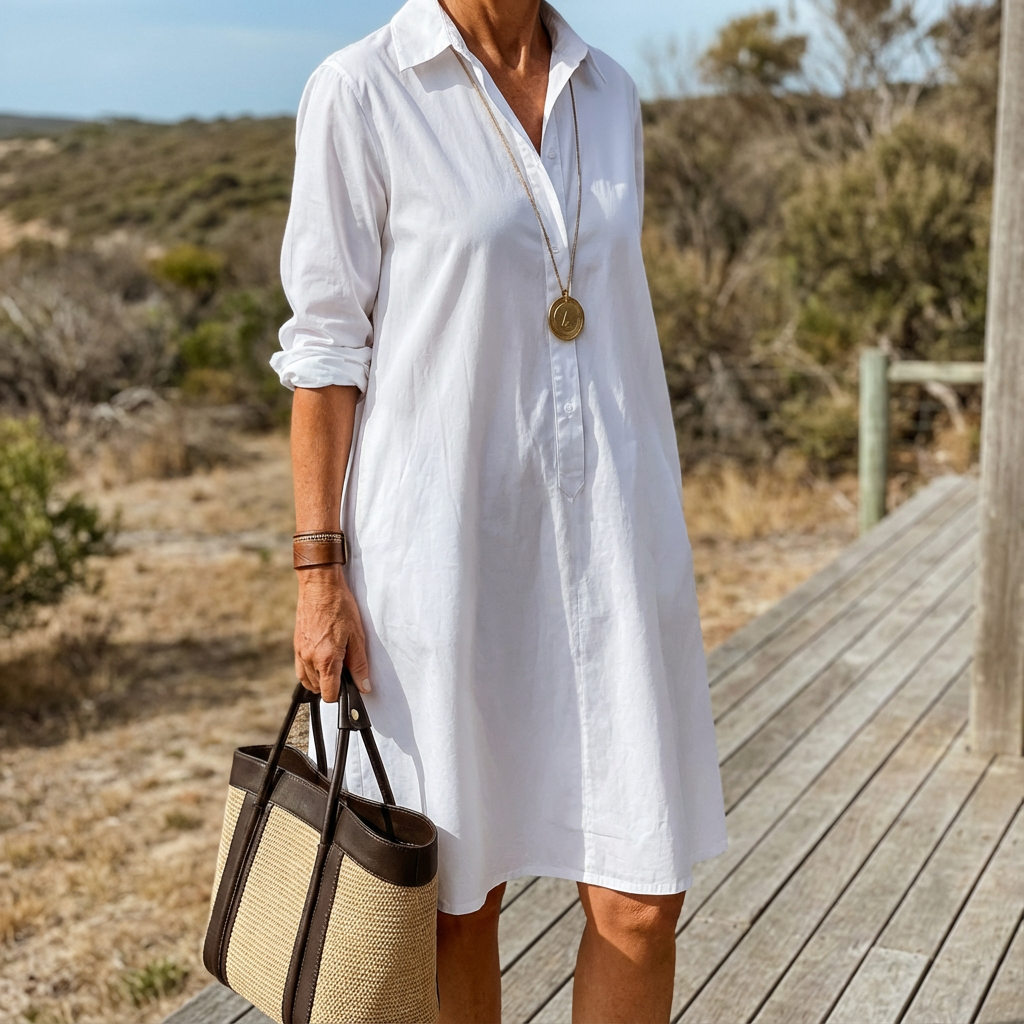 Timeless white midi shirt dress for women, elegant button-down design with an A-line skirt, ideal for sophisticated wear.