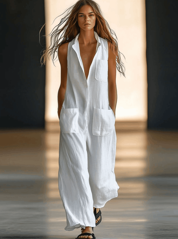Chic women's white sleeveless V-neck jumpsuit with a relaxed wide-leg fit and convenient pockets, ideal for casual summer style.