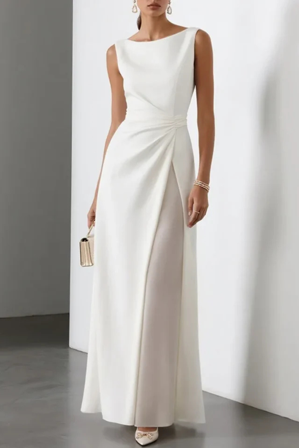 Formal women's maxi dress in white with a stylish side slit, flowy silhouette, perfect for evening events & galas.
