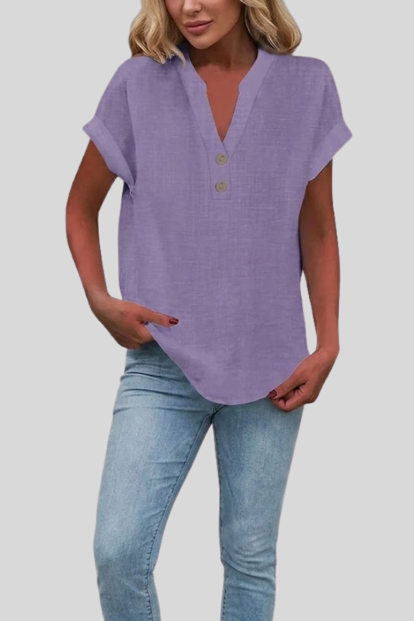 Summer-ready V-neck button blouse for women, short sleeves. A light, elegant top for office and casual wear.