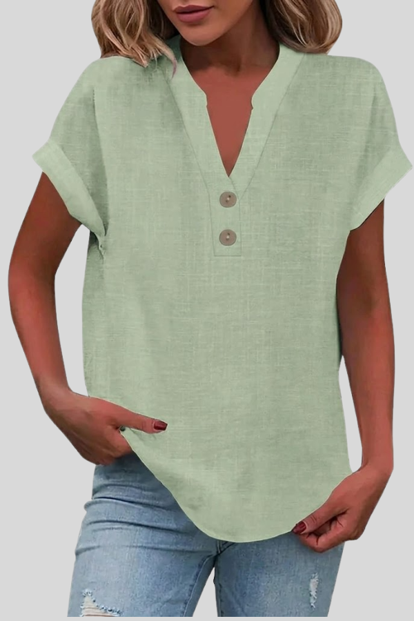 Elegant cream V-neck short sleeve blouse. Button-down women's top, versatile for office, work wear & everyday.