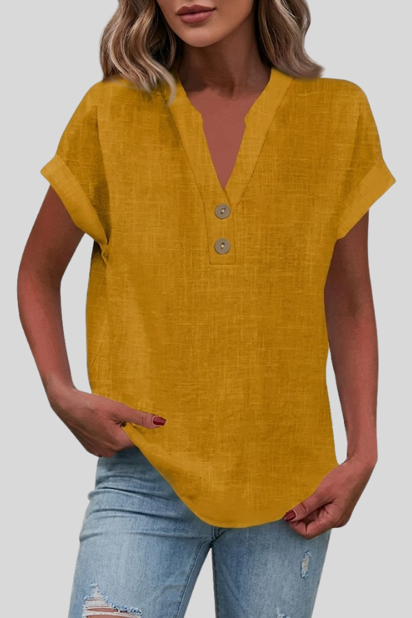 Casual women's short sleeve V-neck blouse with front buttons. Perfect for comfortable everyday fashion looks.