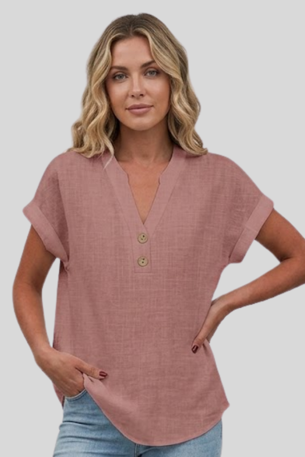 Professional V-neck short sleeve button blouse for women. An elegant office wear top, ideal for business casual.