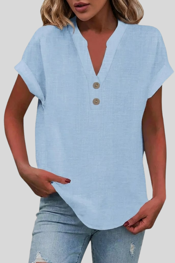 Soft fabric women's V-neck button blouse, short sleeve. A stylish, versatile work wear top for modern women.