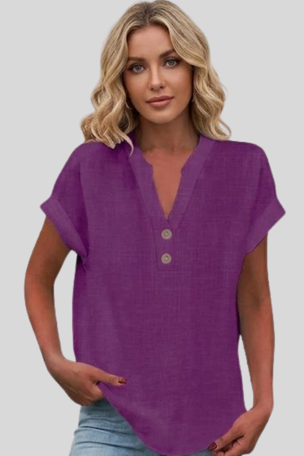 Stylish women's V-neck short sleeve button blouse. An elegant and versatile top for office and casual fashion.