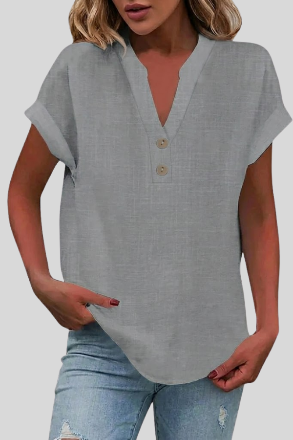 Stylish women's V-neck short sleeve button-down top. Perfect elegant work wear or everyday versatile blouse.