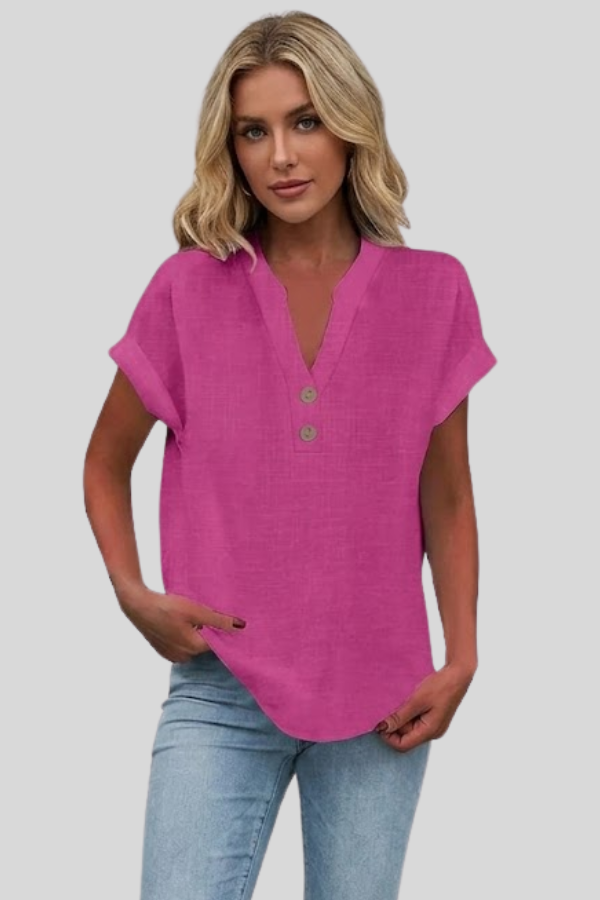 Classic light blue V-neck short sleeve blouse for women. Button-front design, ideal for office and casual comfort.