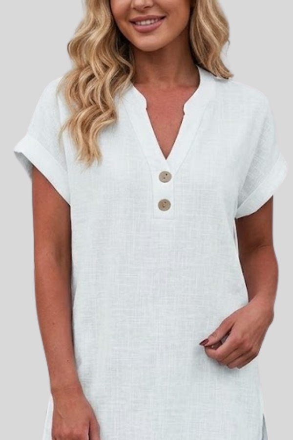 Chic women's V-neck button blouse with short sleeves. An elegant top, great for smart casual or work wear.