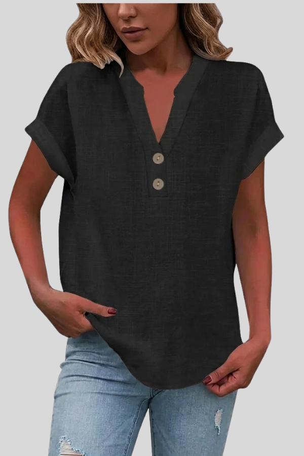 Flowing black women's V-neck short sleeve button blouse. Elegant, comfortable, and versatile for work or everyday.
