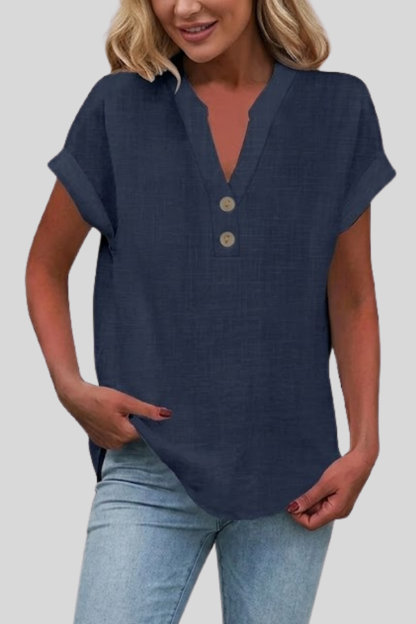 Comfortable women's V-neck short sleeve top. Breathable fabric button blouse, great for everyday casual elegance.