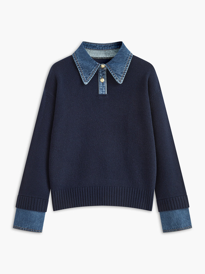 Elegant women's 2-in-1 knit top with a stylish lapel collar, perfect for versatile fall fashion.