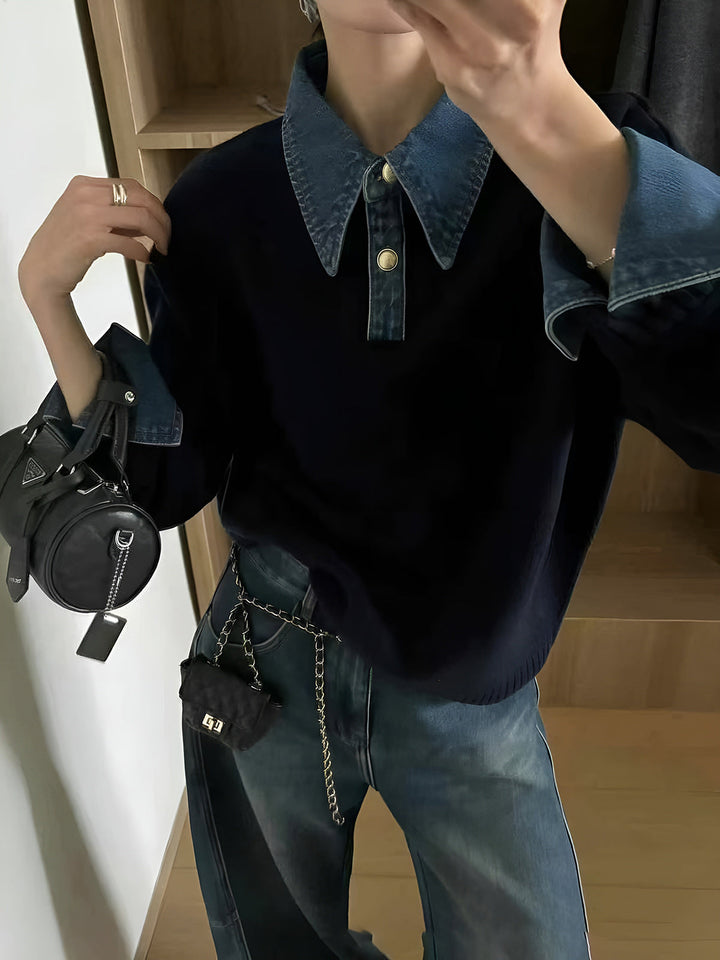 Versatile women's lapel sweater, an elegant 2-in-1 knit top for casual, workwear, or travel styles.