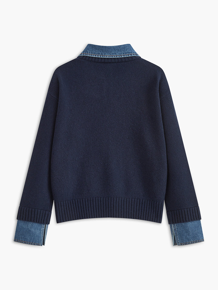 Chic women's 2-in-1 lapel knit sweater, ideal for fall & spring, offering an elegant shift top look.