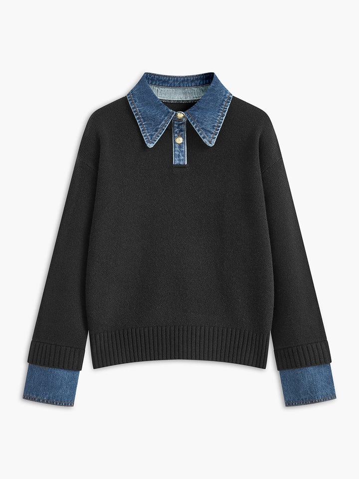 Easy-to-wear women's elegant 2-in-1 lapel knit top, perfect for stylish travel & versatile outfits.