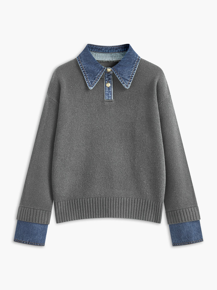 Women's Elegant 2-in-1 Lapel Sweater. Versatile knit top for spring, fall, and casual elegance.