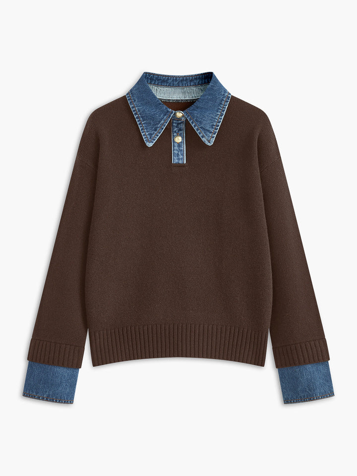 Detailed lapel on a women's 2-in-1 knit sweater, offering elegant versatility for multiple occasions.