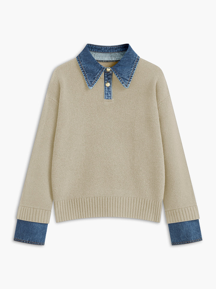 Elegant women's 2-in-1 lapel knit top, perfect for a refined work or casual fall outfit.