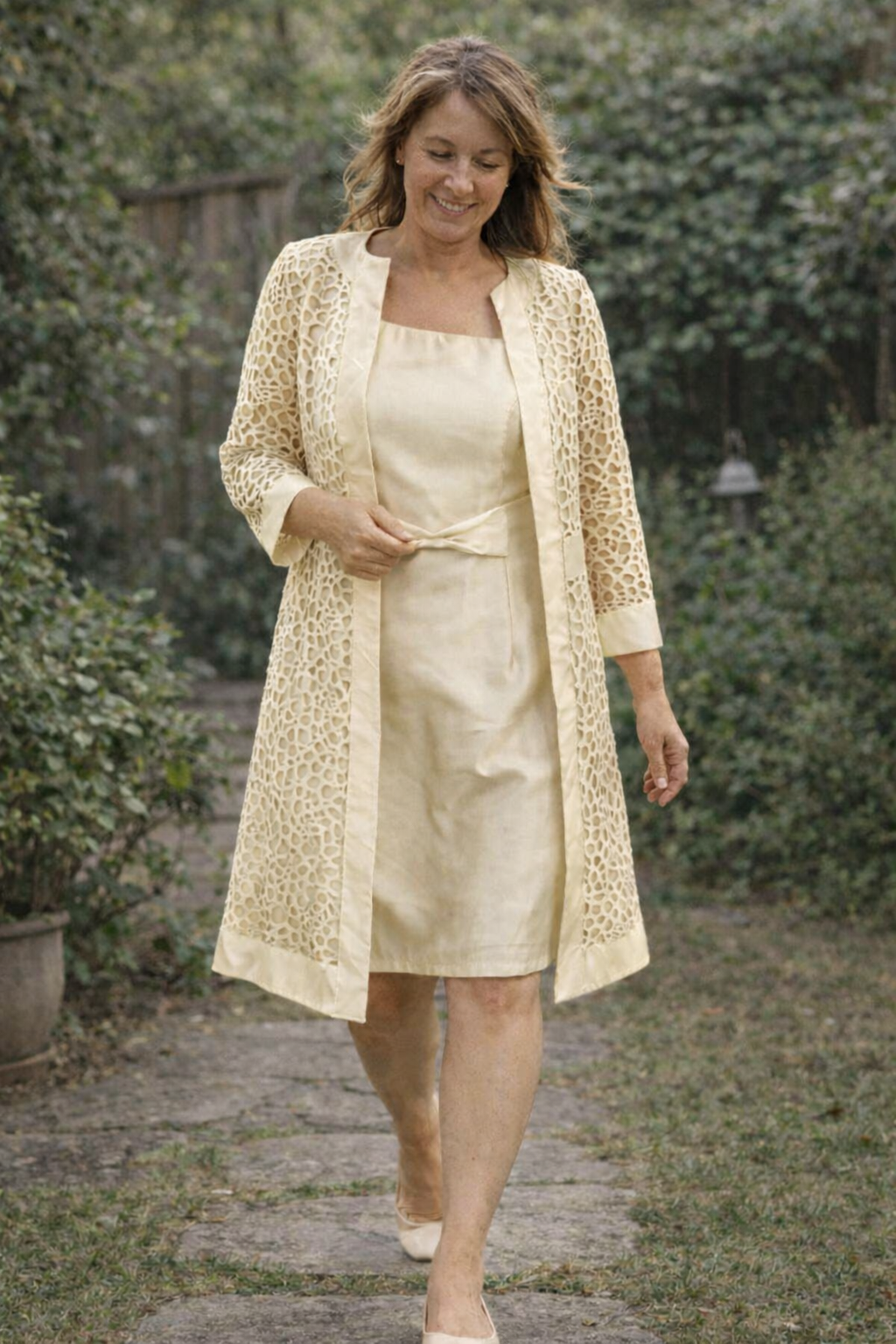 Stylish women's midi dress and matching jacket, a versatile layered outfit for special occasions.