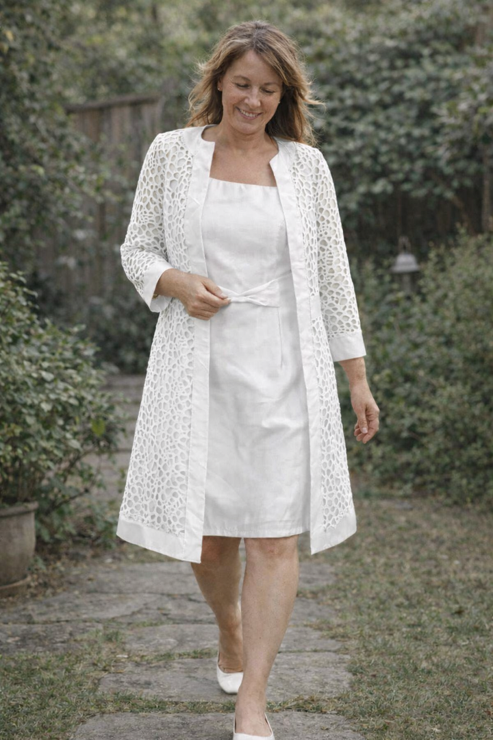 Versatile women's elegant midi dress and jacket set, offering a refined layered style for events.