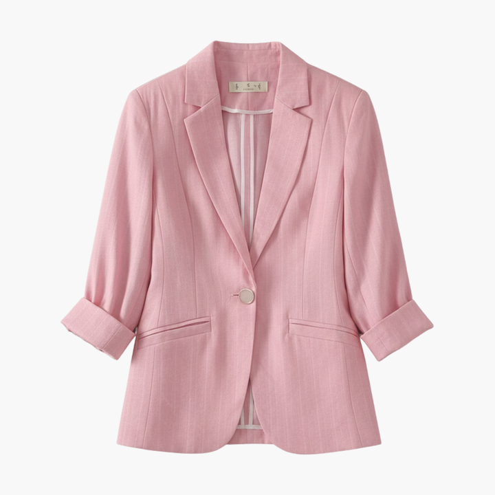 Elegant women's 3/4 sleeve blazer, perfect for sophisticated office attire or versatile layering. Tailored fashion.