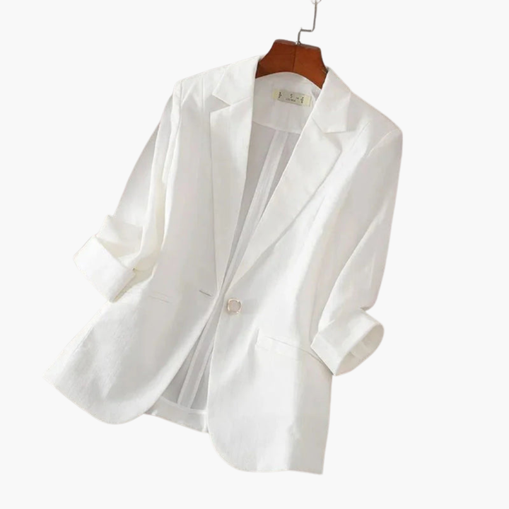 Stylish pink women's 3/4 sleeve blazer. Sophisticated office jacket or casual chic wear for modern women.