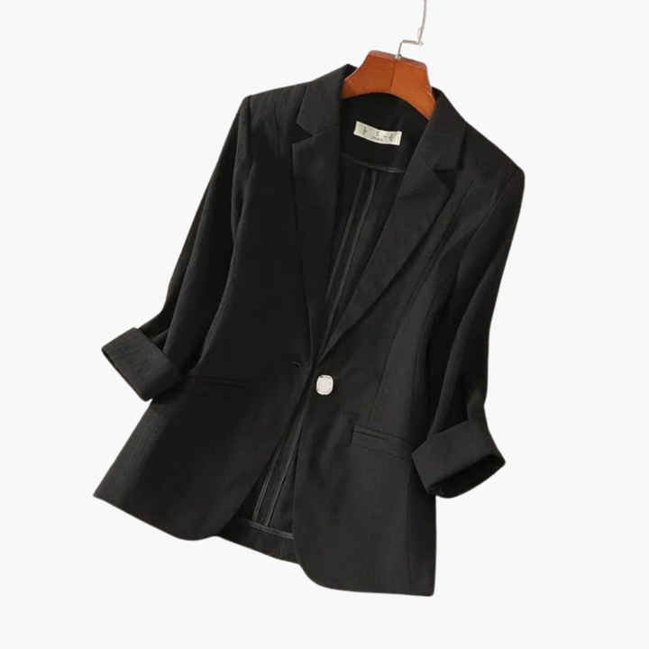 Versatile beige 3/4 sleeve women's blazer. Elegant jacket for sophisticated office wear & casual chic outfits.