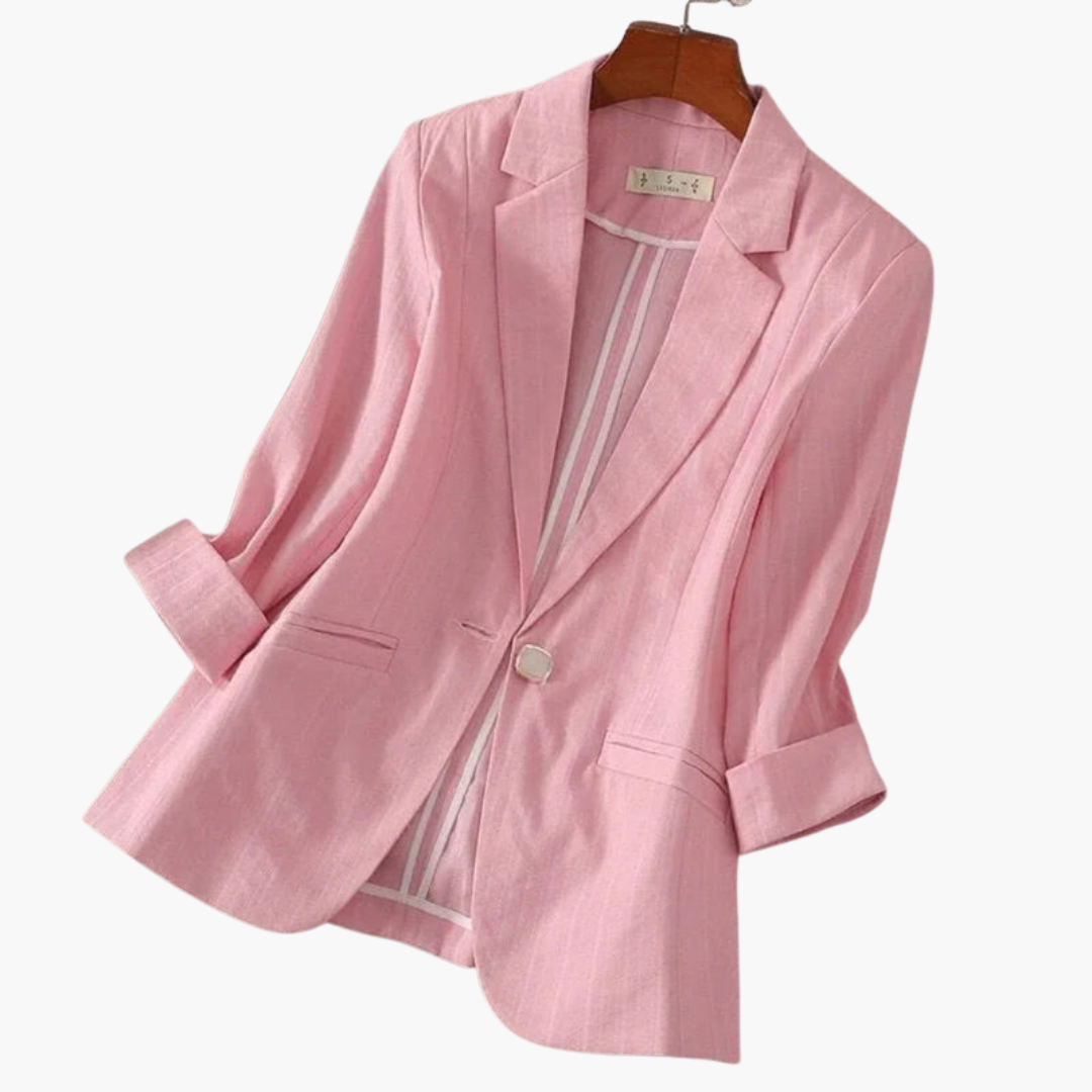 Crisp white women's 3/4 sleeve blazer. Sophisticated, elegant jacket for office attire or modern casual styling.