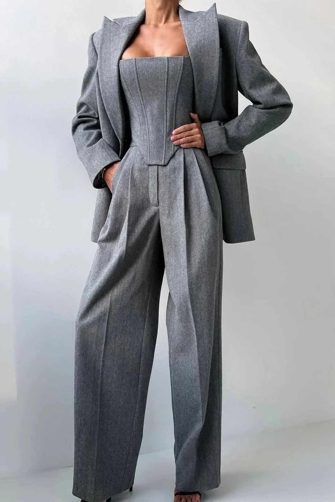 Women's formal gray business suit: elegant corset bustier, wide leg pants & blazer.