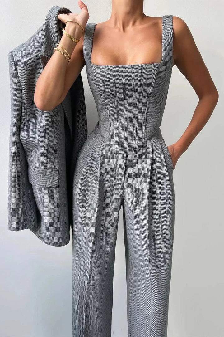 Chic pink evening wear 3-piece set with corset bustier, wide leg pants & matching oversized blazer.