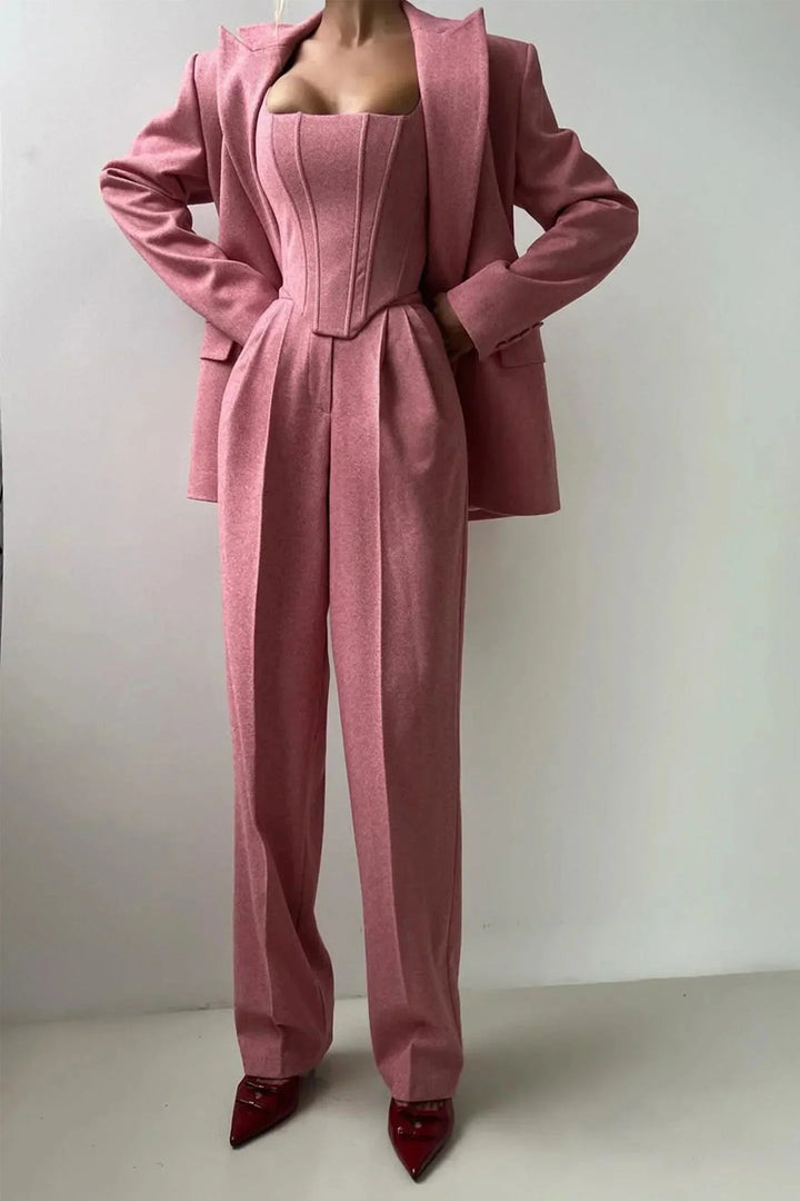 Trendy women's co-ord set: gray corset top, wide leg trousers & stylish blazer. Perfect for formal wear.