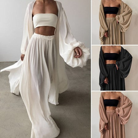 Elegant women's 3-piece summer blazer set. Ideal for office wear or chic casual outfits. Includes blazer, top, & pants.