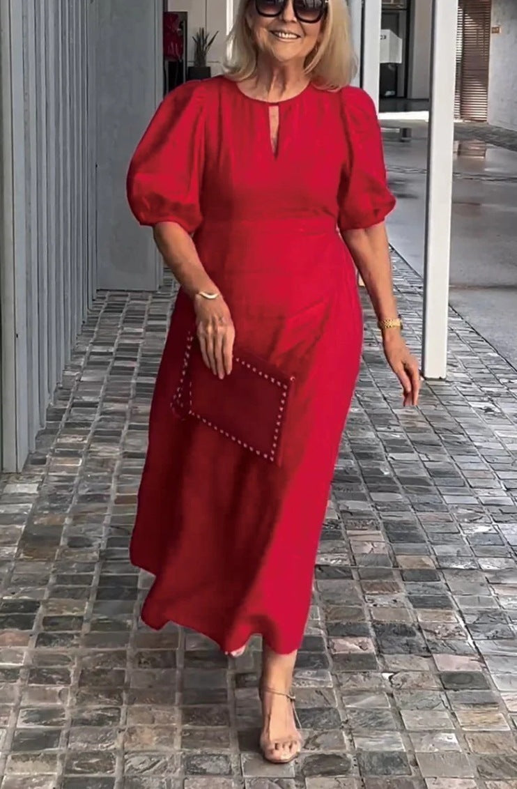 Stylish women's midi A-line dress featuring puff sleeves & keyhole neckline. Ideal for formal, cocktail, or party wear.