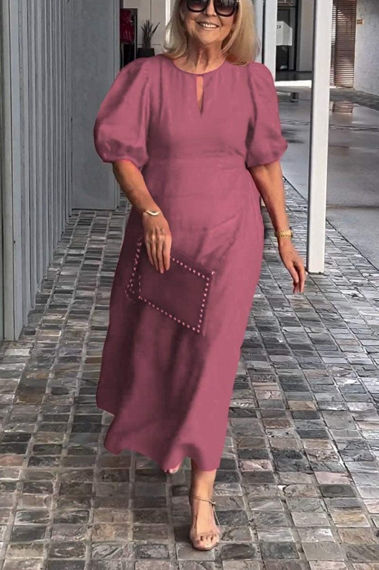 Women's elegant A-line midi dress with puff sleeves & keyhole neckline. Great for wedding guests, cocktails & formal wear.