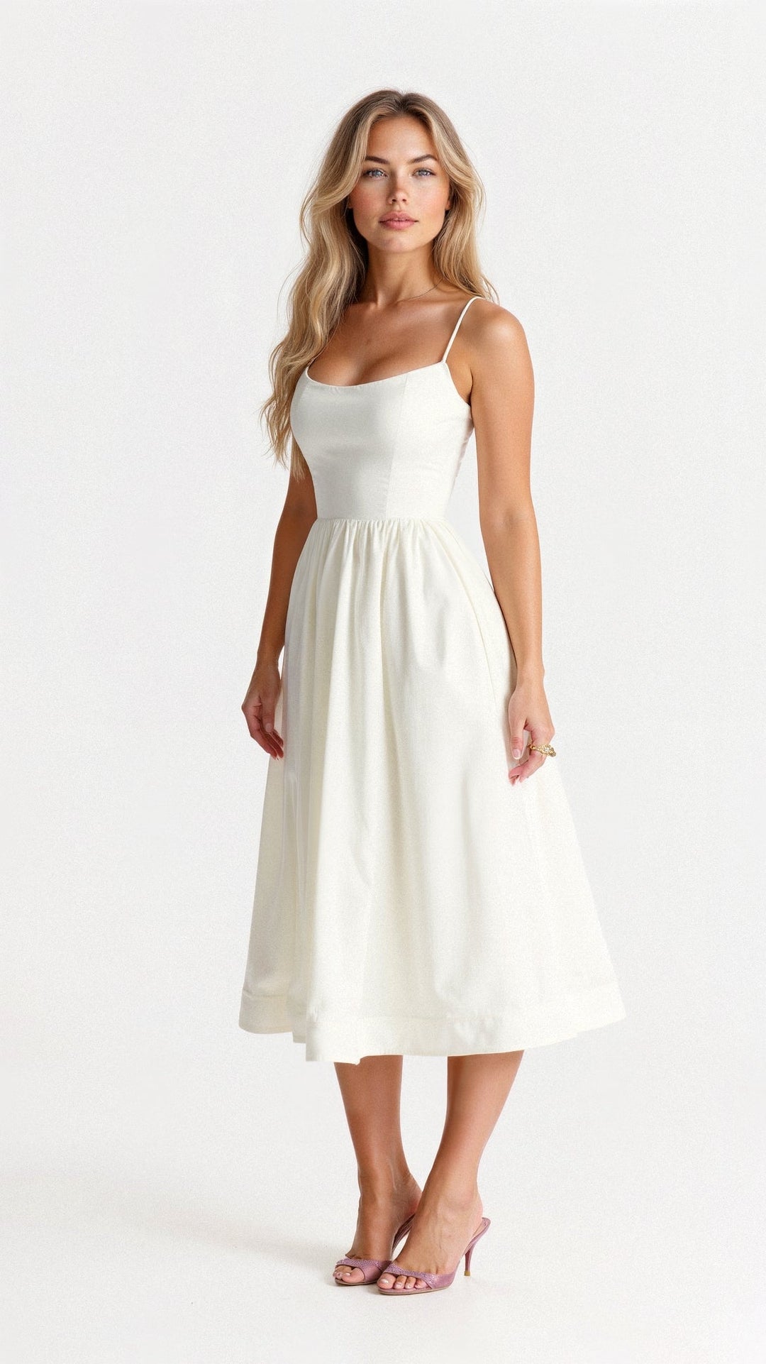 Elegant women's A-line midi dress with spaghetti straps, perfect for summer parties or spring occasions.