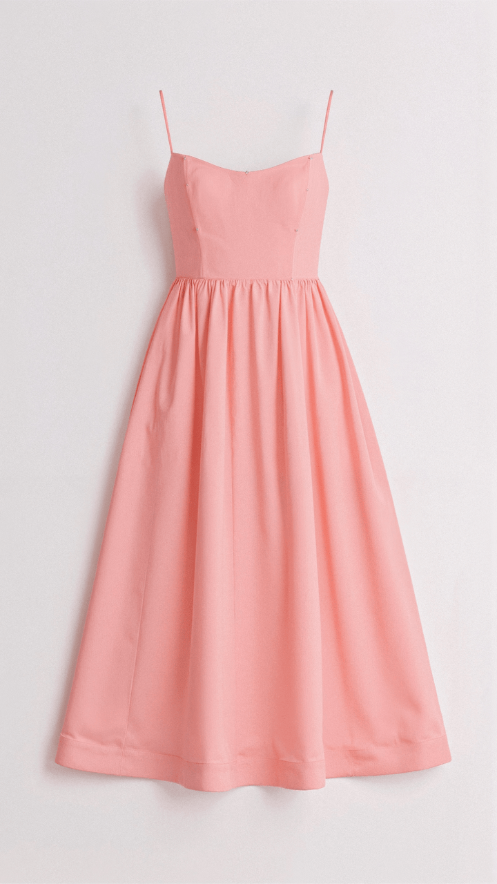 Elegant women's A-line midi dress with thin spaghetti straps, a perfect spring & summer occasion outfit.